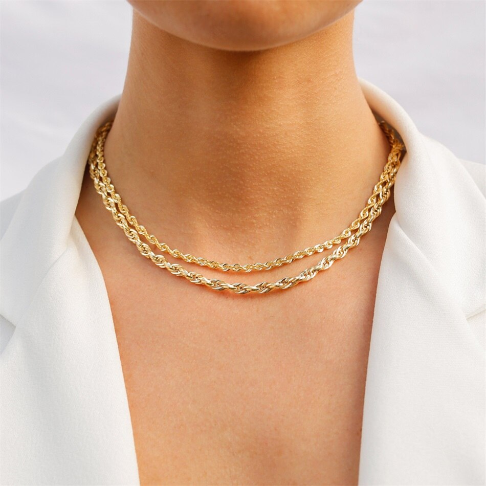 Jujie 3Mm/4Mm Rvs Rope Chain Kettingen Voor Vrouwen Mode 14K Goud Twisted Ketting Sieraden