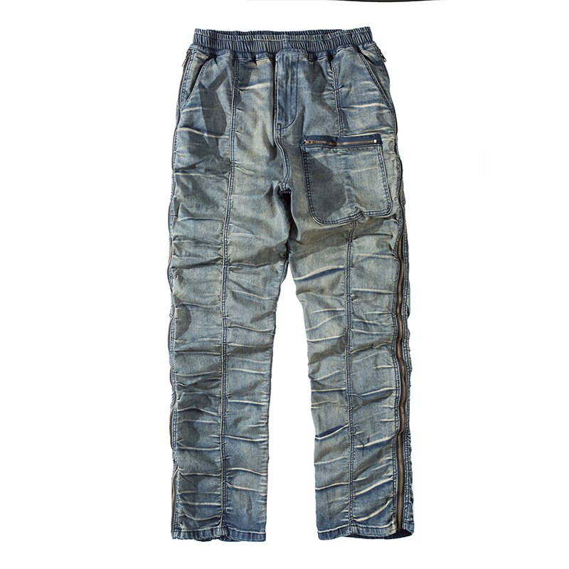 Harajuku Retro Ruched Side Zipper Jeans Men Straight Washed Streetwear Denim Trousers Elastic Wasit Hip Hop Mens Jeans Pants