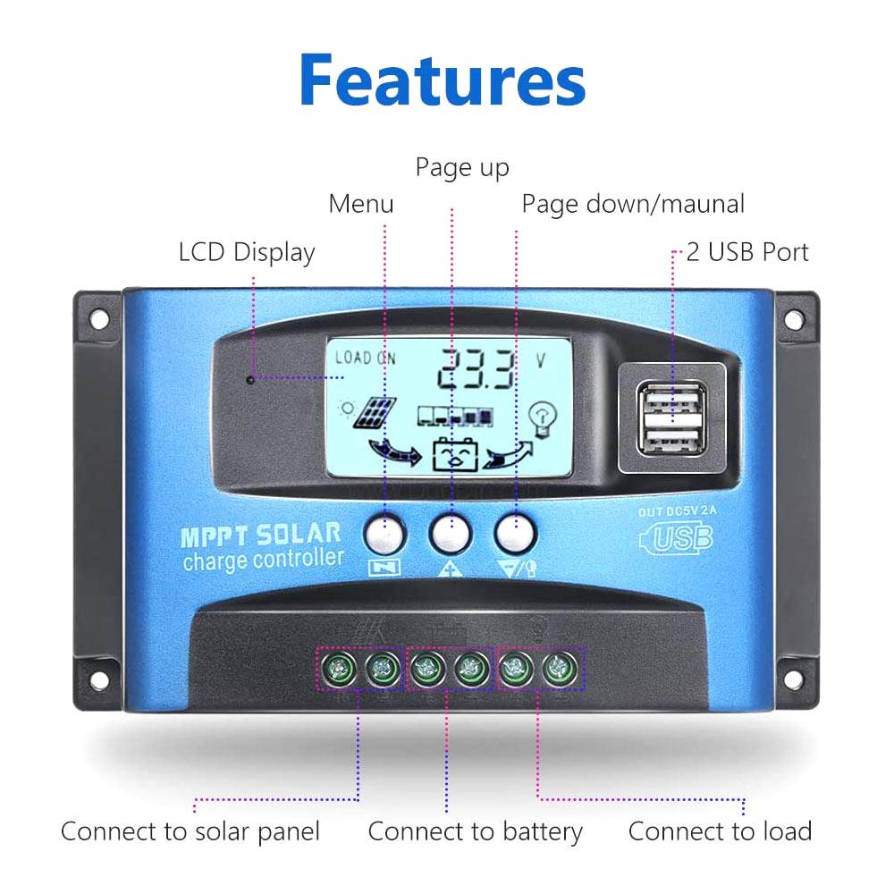 12/24v MPPT Mppt Controller Solar Controller Dual Usb LCD Display Home Open Circuit Protection Boat 5V/2A MPPT Solar Controller