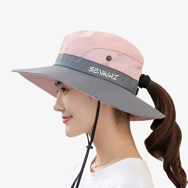 Bucket Hat - Breiter Schirm - Sonnenschutz - Atmungsaktiv Nylon - One Size - Kinnband für Strand Wandern: Rosa