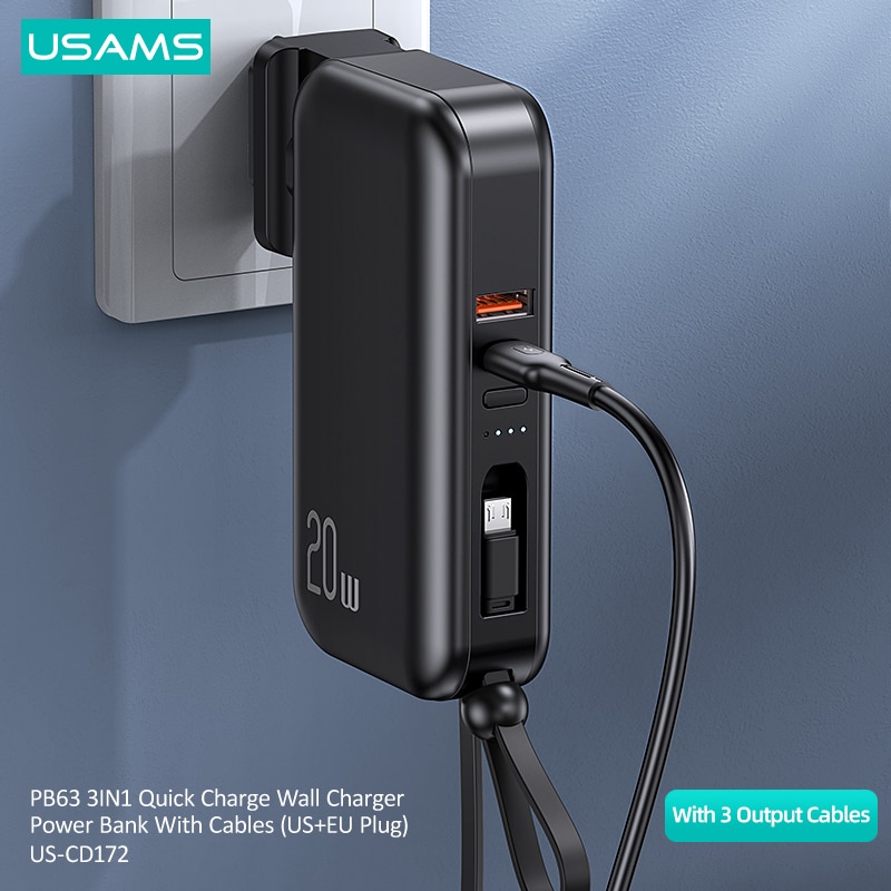 Usams power bank 10000mah com 20w pd carregamento rápido powerbank 3 em 1 carregador de parede com cabos eua plug ue para iphone huawei telefone