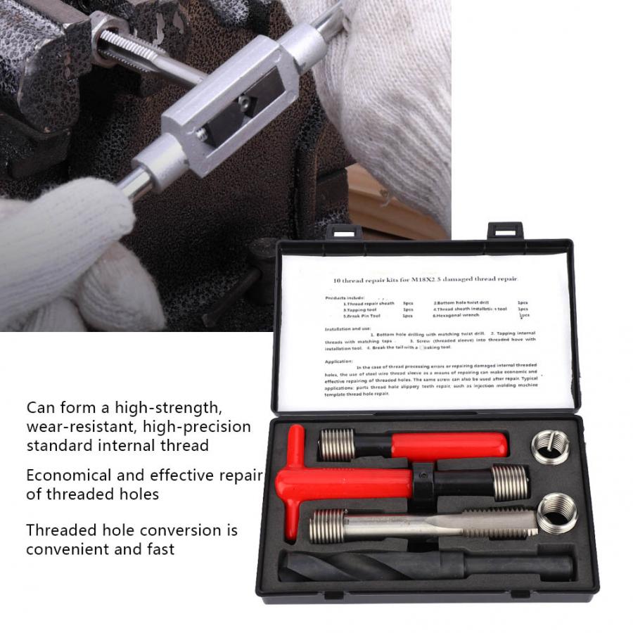 10Pcs M18x2.5 Car Thread Repair Kit Thread Inserts Female Thread Repairing Accessory Assortment Kit Inserts Drill Tap Set