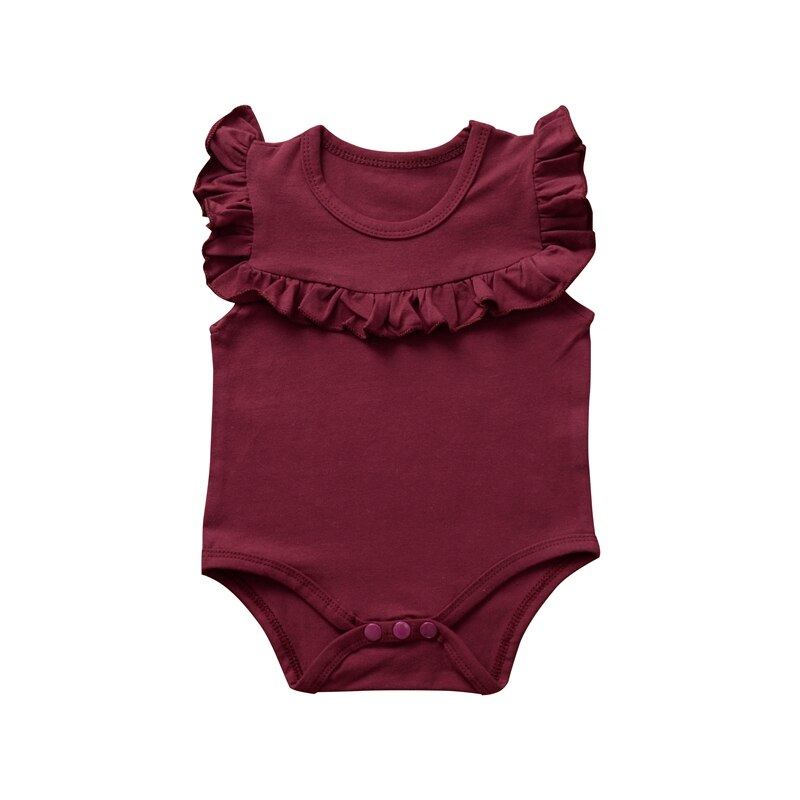 Bebis sommar kläder nyfödd bebis kläder volang ärmlös body solid playsuit jumpsuit outfits soldräkt: Vin, röd / 3-6m