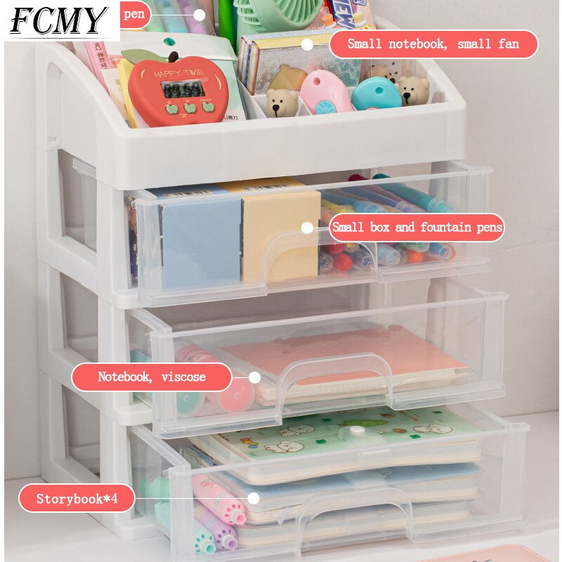 Cute Multi-storey Drawer Desktop Organizer Desk Storage Box Free Sticker home Transparent Desk Stationery office Accessories