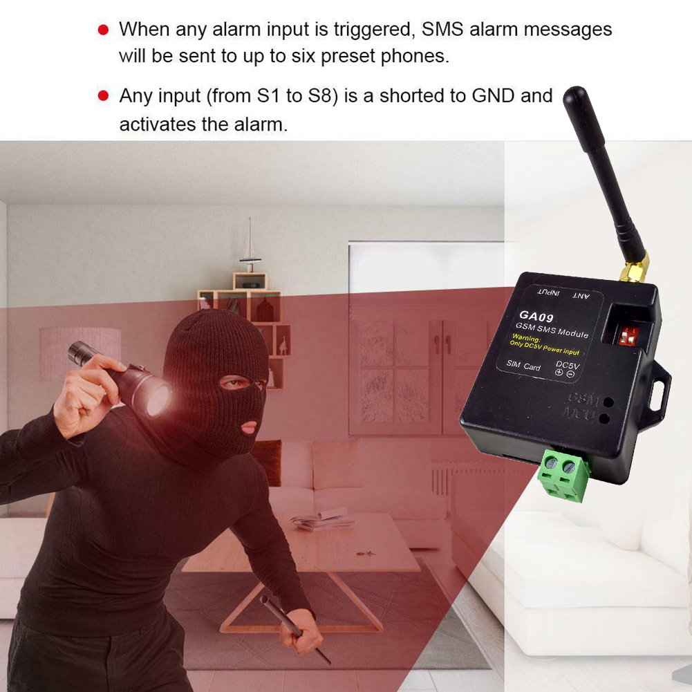 GA09 GSM alerta de 8 canales sensores de ventana SMS Mini alarma Universal inalámbrica llamada de seguridad del hogar puerta remota APP antena módulo