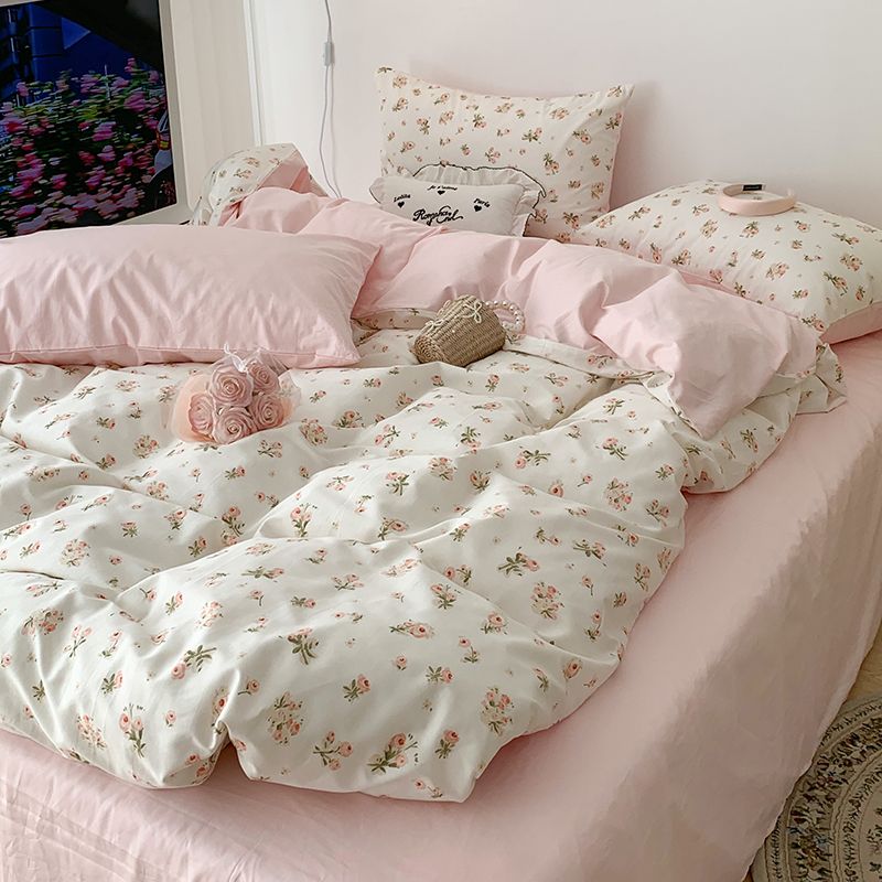 Roze bloemenbeddengoedset Zacht Ins Enkel Dubbel Queen Size Dekbedovertrek Vlaken Kussensloop Meisjes Thuis Totel Beddengoed