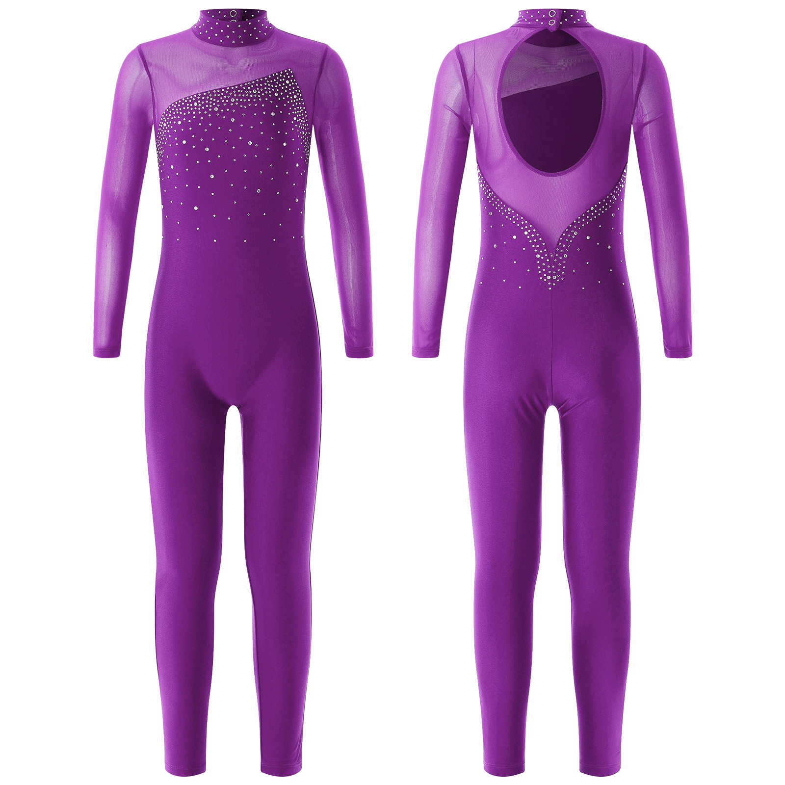 Piger børn langærmet ballet-danselotard med rhinsten sport træningsbodysuit jumpsuits dansetøj til gymnastik kunstskøjteløb: L / Lilla