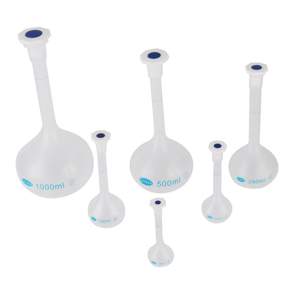 Wazon plastikowy kształt kolba pomiarowa z korkiem precyzyjna trwała długa szyjka laboratoryjna butelka wolumetryczna 25/50/100/250/500/1000ml