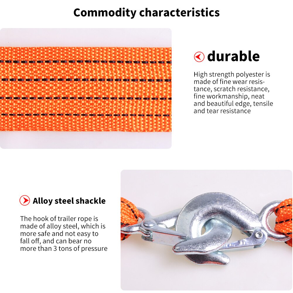 Car Tow Strap 4m 3 T Heavy-Duty Tow Rope With Steel Hooks Fluorescent Rope for Truck Car Up To 3 Tonnes