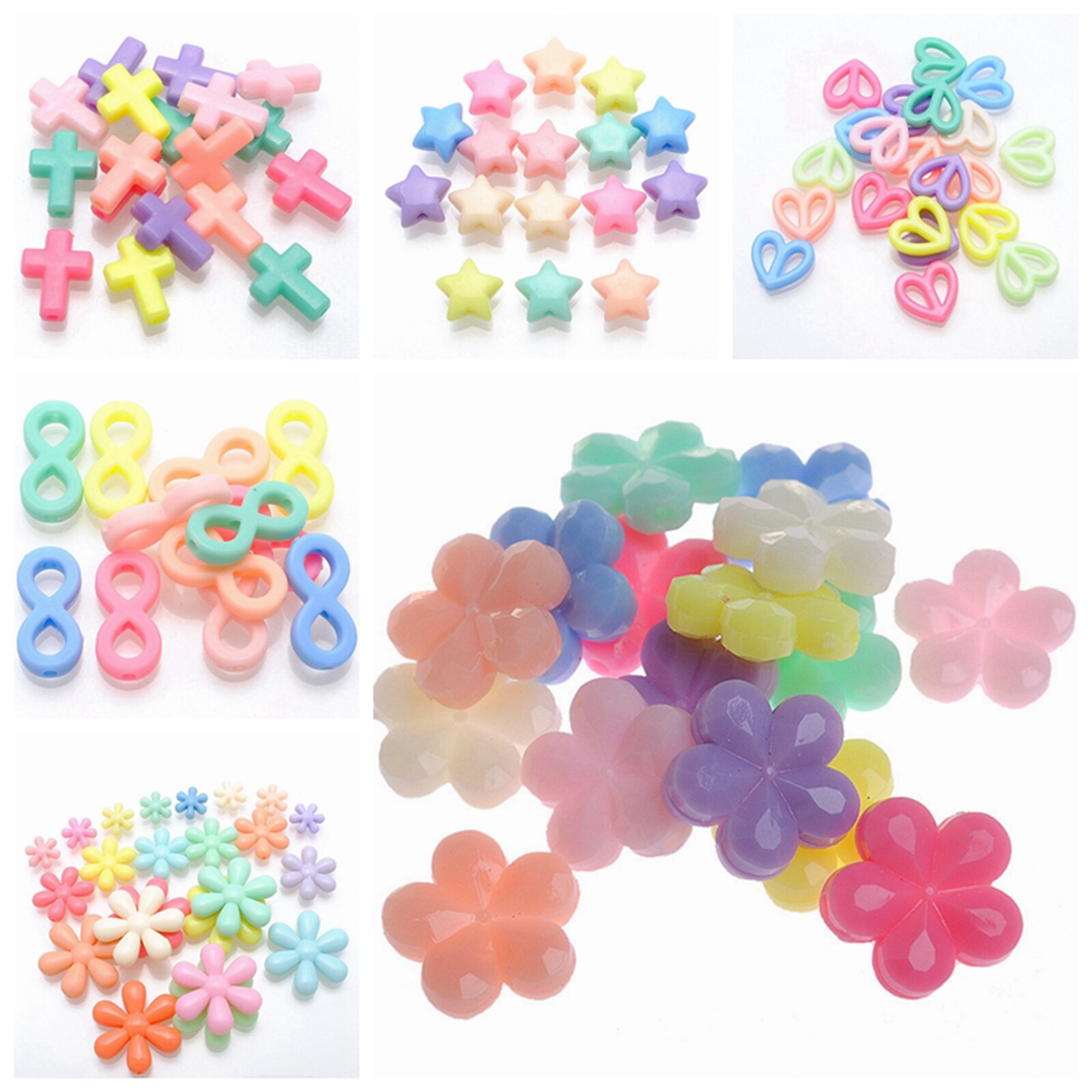 100 Mixed Pastel Color Acrylic Beads Charm Various Shape Flower Heart Kids Craft