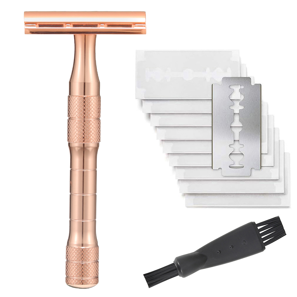 Rasoir de sécurité réutilisable, rasoirs à lame unique pour hommes, avec 10 lames DE rasoir à double bord revêtues de platine, rasoir DE débutant