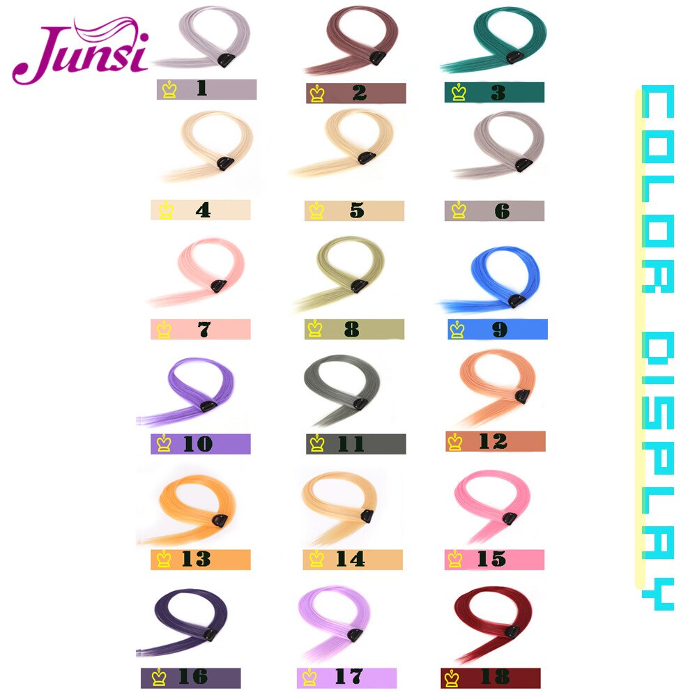 JUNSI Colored Hair Strands Hair Extension Long Straight Female Rainbow Hair Pieces A Clip Heat Resistant Synthetic Bundles