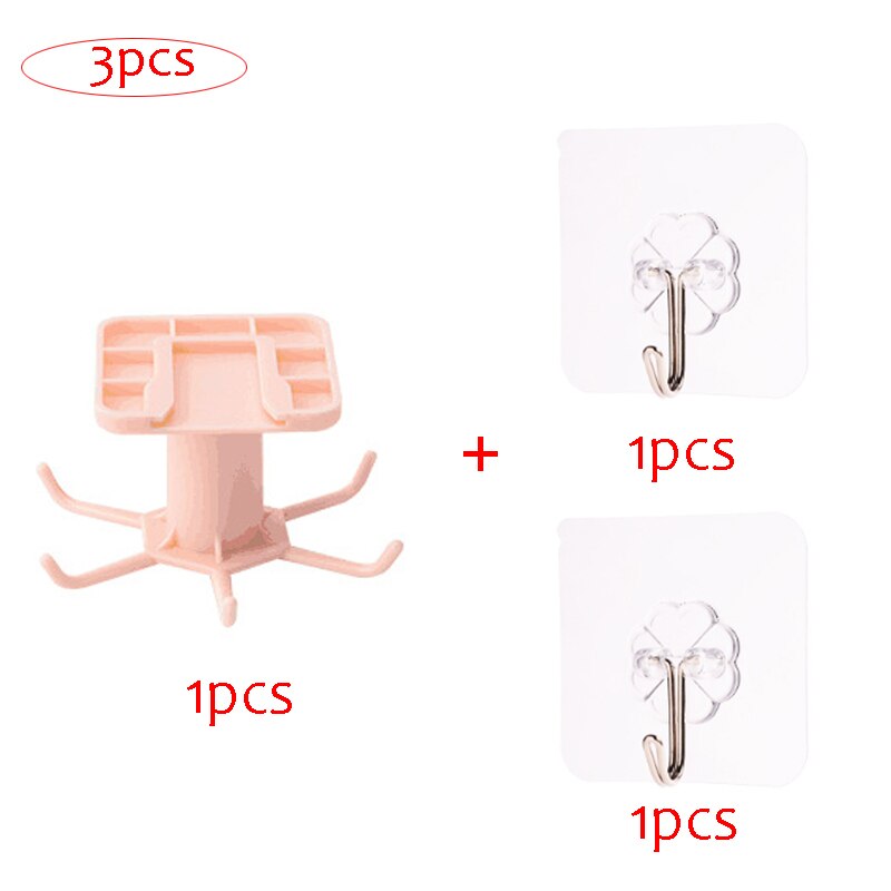 Kitchen Rotary Hook Wall Mounted Kitchenware Hook Up Storage Rack Spoon Hanger Storage Rack Accessories Cabinet Organizer: 3PCS-1Pink