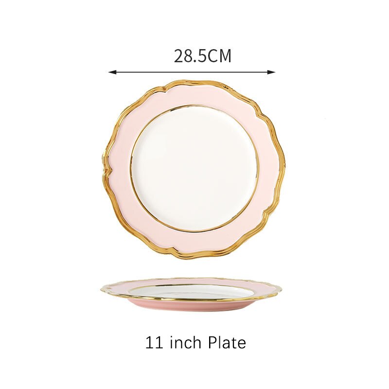 Ceramic Dinner Plate Luxury Gold Inlay Charger Plate Flower Shape Plate Dishes and Bowl Dinnerware Set for Wedding Party Banquet: Pink Plate