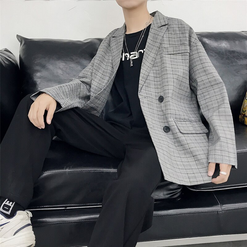 Blazers homens xadrez cinza estilo coreano adolescentes moda casual casacos solto chique all-match streetwear retro outwear estudantes novo macio