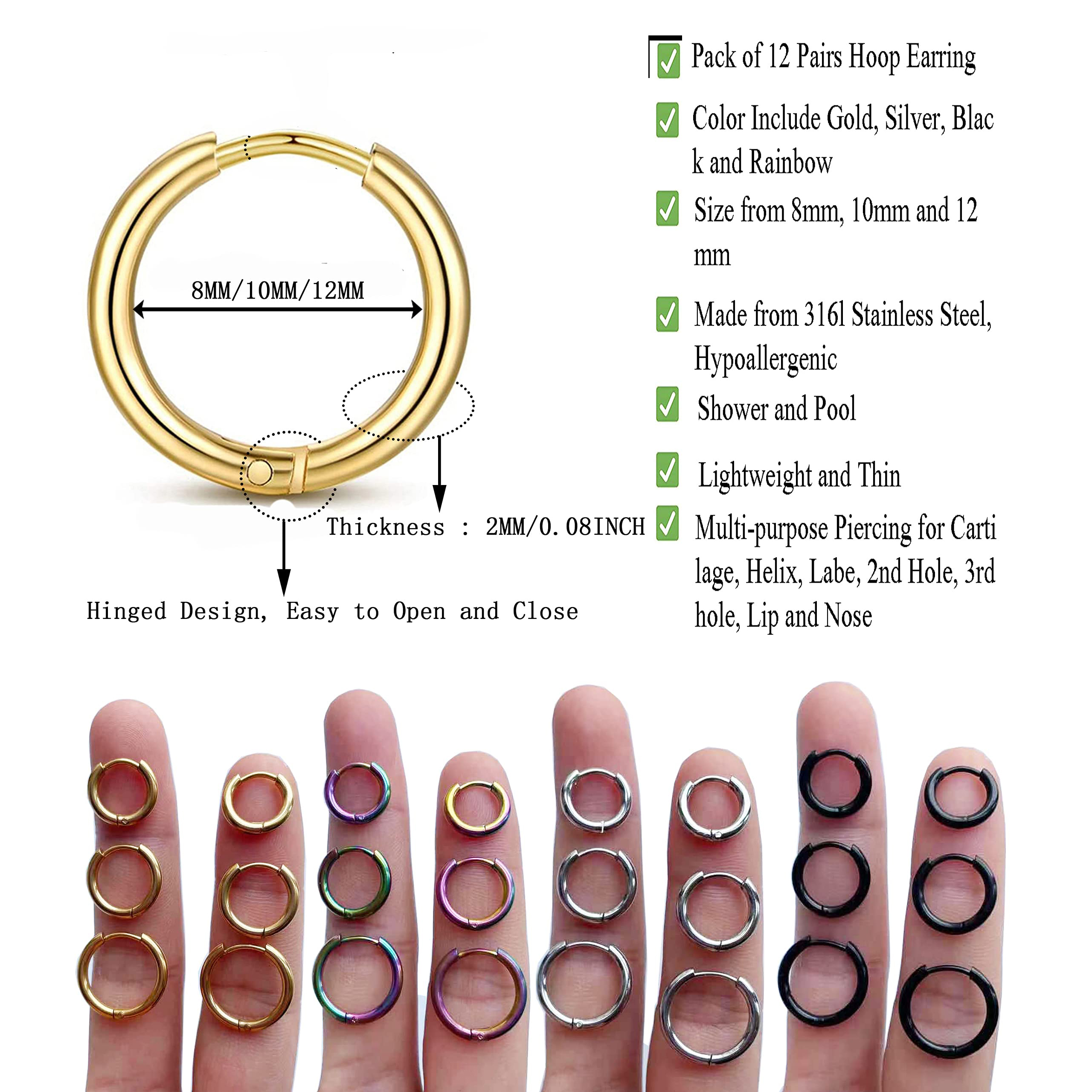 1 Pair Hypoallergenic Unisex Surgical Stainless Steel Small Cartilage Helix Hole Piercing Hoop Earrings Set for Men Women