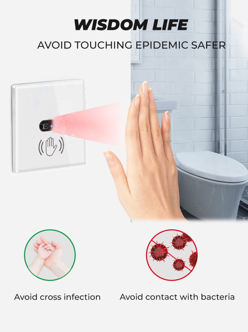 Smart Wall Light Switch Infrared Sensor Smart Switch Glass Display Panel, Neutral Wire, 220V, 10A, No Touch Needed EU Standard