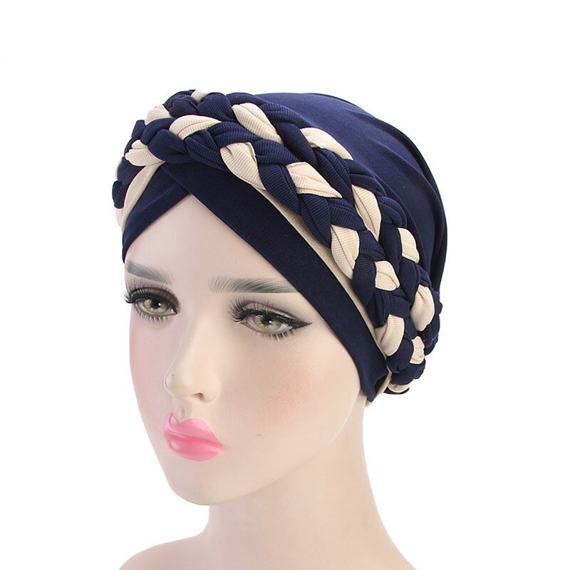 Musulman Double couleur tresses Stretch Turban à volants cheveux chapeaux Beanie Bandanas foulard Turban chapeaux pour les femmes 08