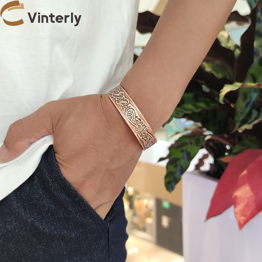Viking Magnetic Pure Copper Bracelet Male Adjustable Cuff Energy Magnetic Bracelet Benefits Wristband 15mm Wide Men Bracelets