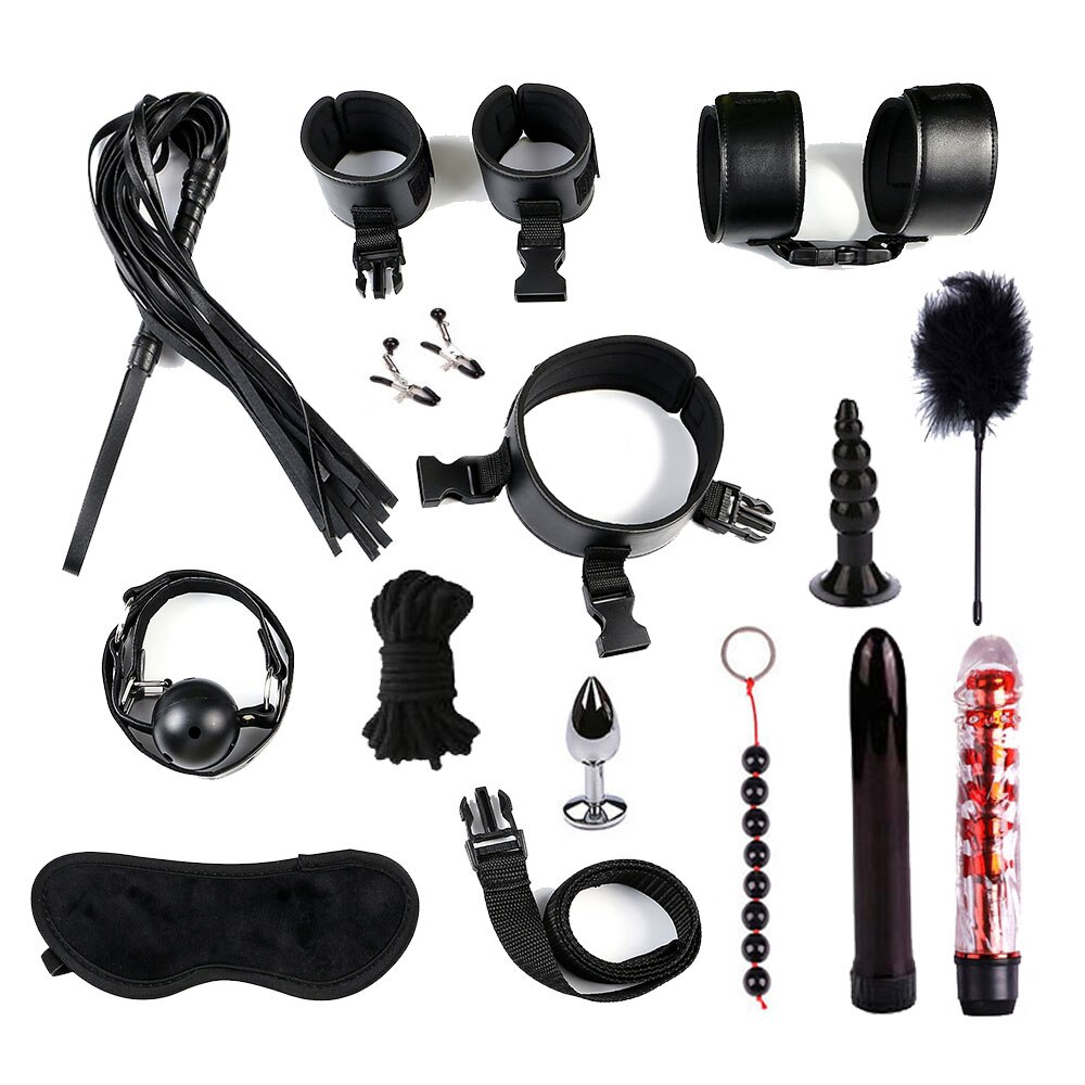 28 stks/set Vrouwen Mannen Speeltjes voor BDSM Spel Handboeien zweep touw Anale plug Mond plug Vibrator Erotische Accessoires Bondage set: black 14pcs