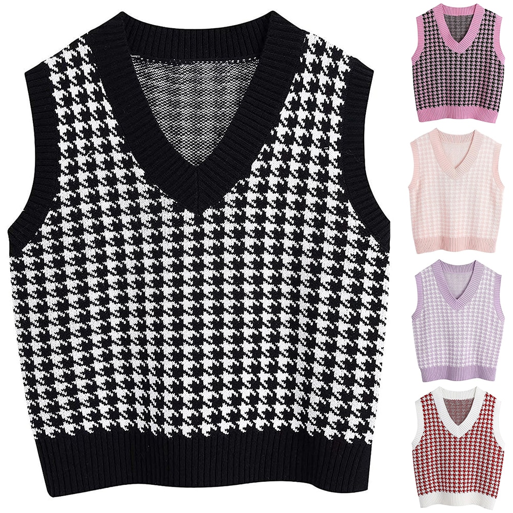 Femmes pull gilet automne tricoté pied de poule col en v pull surdimensionné sans manches femme gilet pull hauts