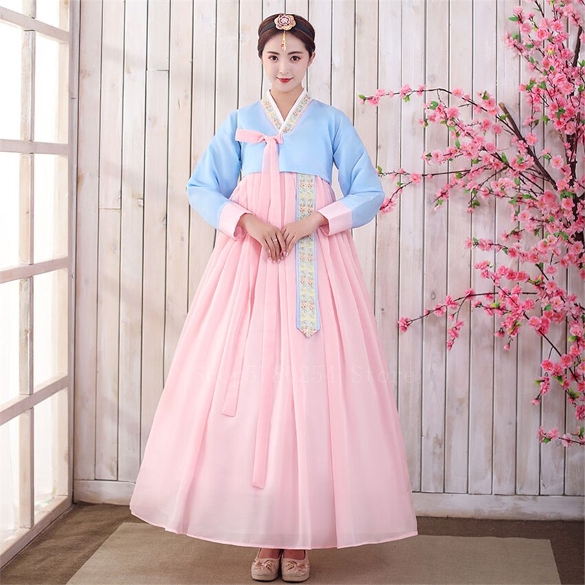 Retro nainen korealainen perinteinen hanbok -mekko prinsessajuhla -hääpuku muinaisen vähemmistön kansantanssivaiheen puku