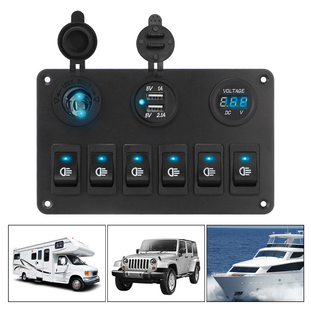 Dc 12v/24v 6/2 gangs vippekontakt panel vandtæt dobbelt usb porte led digital voltmeter afbryder tænd/sluk lys bil marine