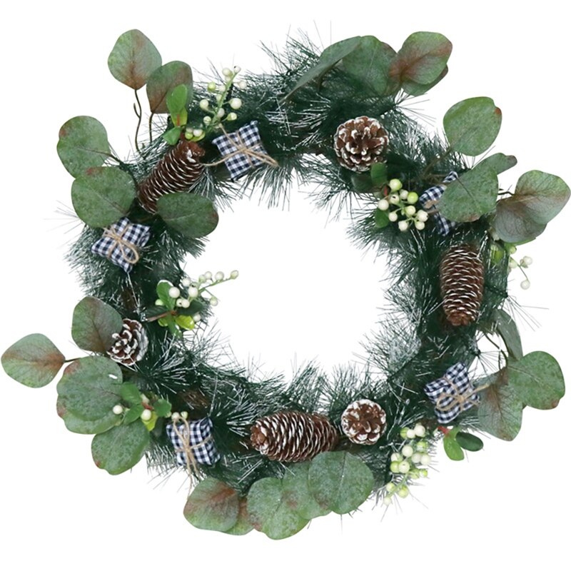 Artificial Christmas Pine Wreath With Decorative Box Pinecone Berries For Front Door Wall Window Home Decoration: Default Title