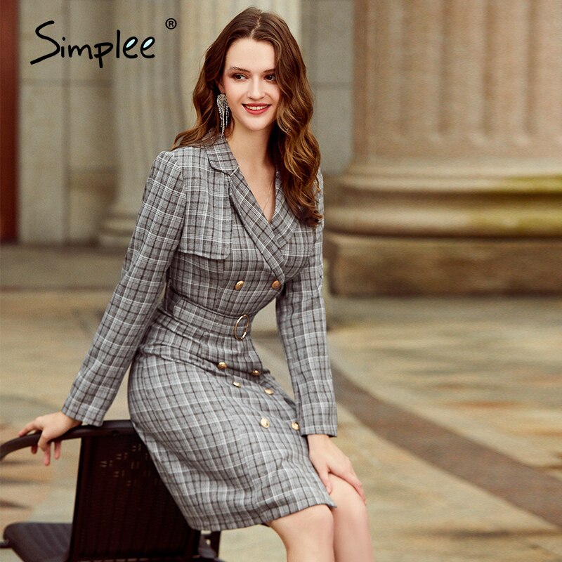 Simplee plaid double breasted belt women dress Left and right bottom asymmetry midi dress Office autumn winter dress