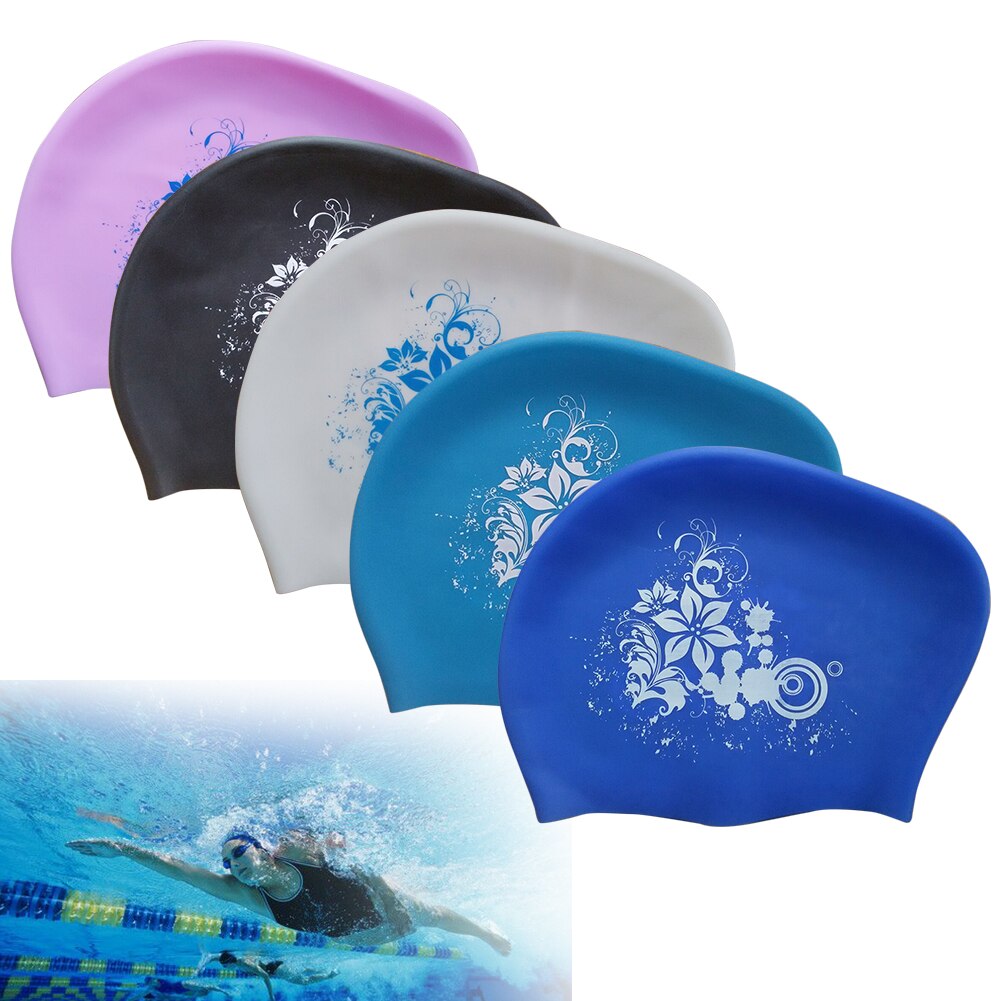 Women Swimming Cap Sports Bathing Pool Hat Elastic Ladies Long Hair Soft Silicone Adults Ear Protection Non Slip Printed