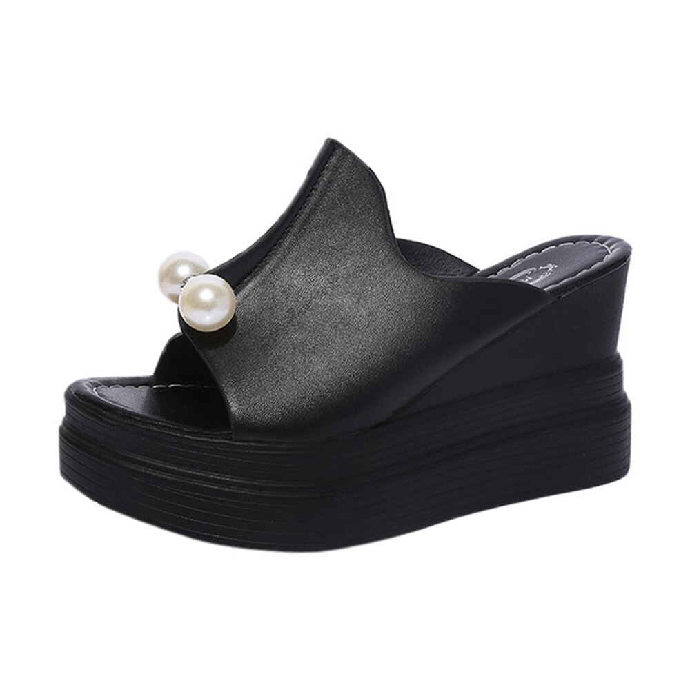 Pantoufles pour femmes, chaussures à semelle épaisse, solide perle, chaussures à enfiler à bout ouvert, bonne , collection chaussons pour femmes, collection sandales à talons compensés: Black / 37