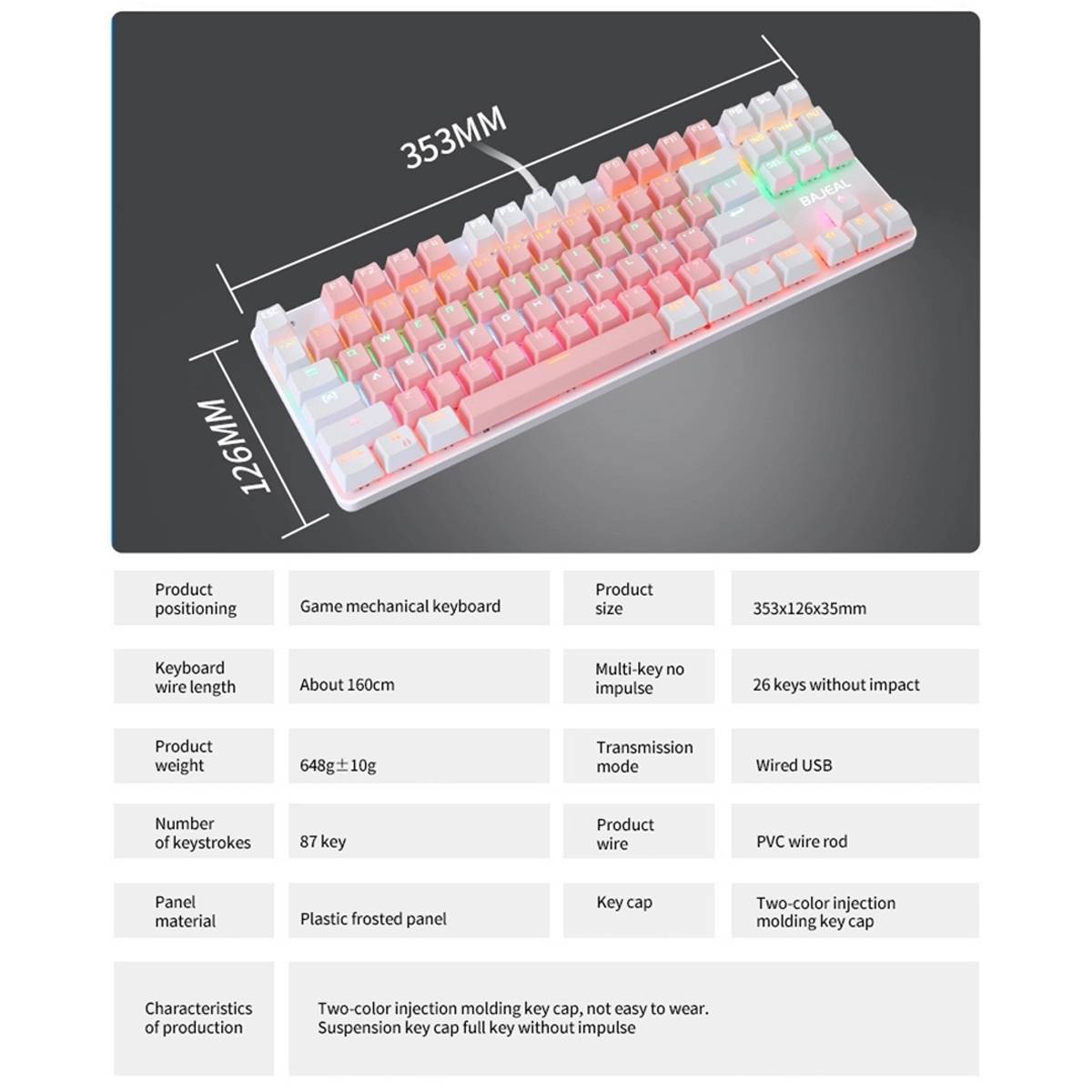 BAJEAL K100 87 Keys Wired Gaming Mechanical Keyboard Two-Color Blue Switch LED Backlight Keyboard For PC Gamer Laptop Computer