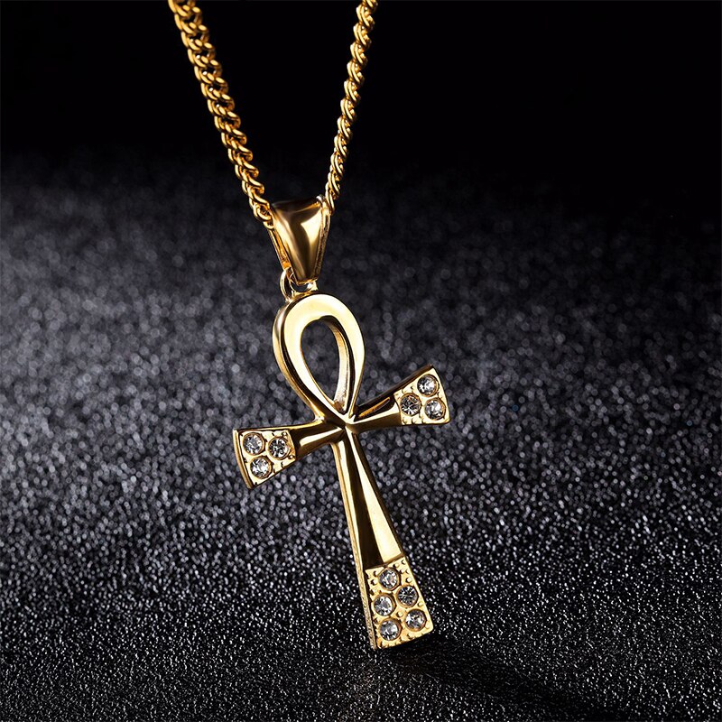 Vintage Klassieke Egyptische Kruis Ketting Voor Mannen Persoonlijkheid Punk Farao Rvs Hanger Crystal Zirkoon Sieraden: Gold
