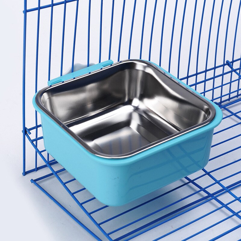 2 i 1 kvadratisk liten kjæledyrkatt hundefôr hengende skål rustfritt stål plast ekorn kanin marsvin matskål fett: Blå / Indre dia 12 x 5.5cm