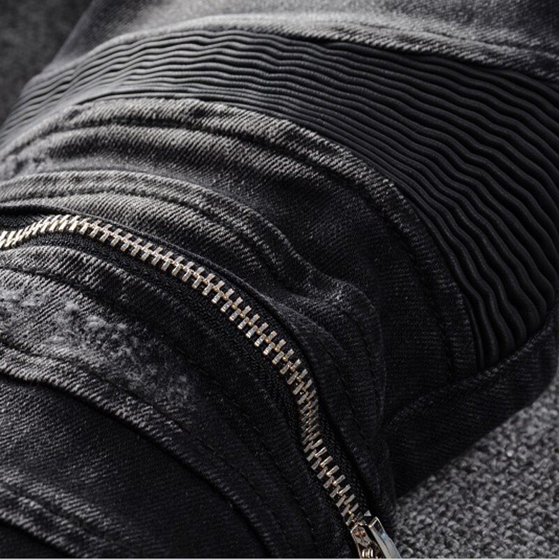 Sokotoo Men's PU leather patchwork biker jeans for motorcycle Slim skinny zippers black stretch denim pants