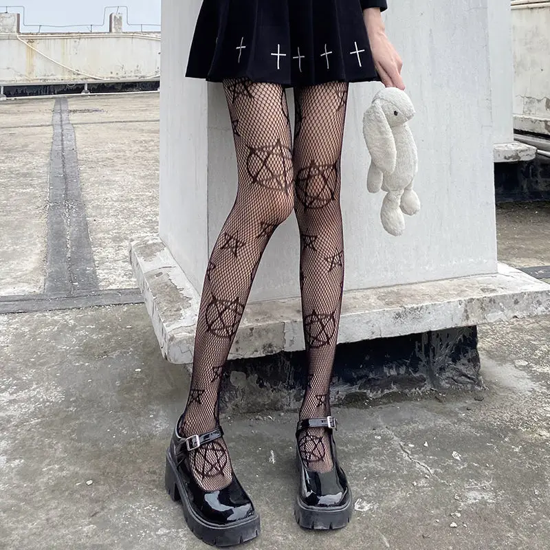 Lolita Ragazze Carino Pentacolo Stampa Collant Donne Sexy Gotico Punk Magico Stella a Cinque Punte Maglia Pesce Net Collant Calze per il Corpo