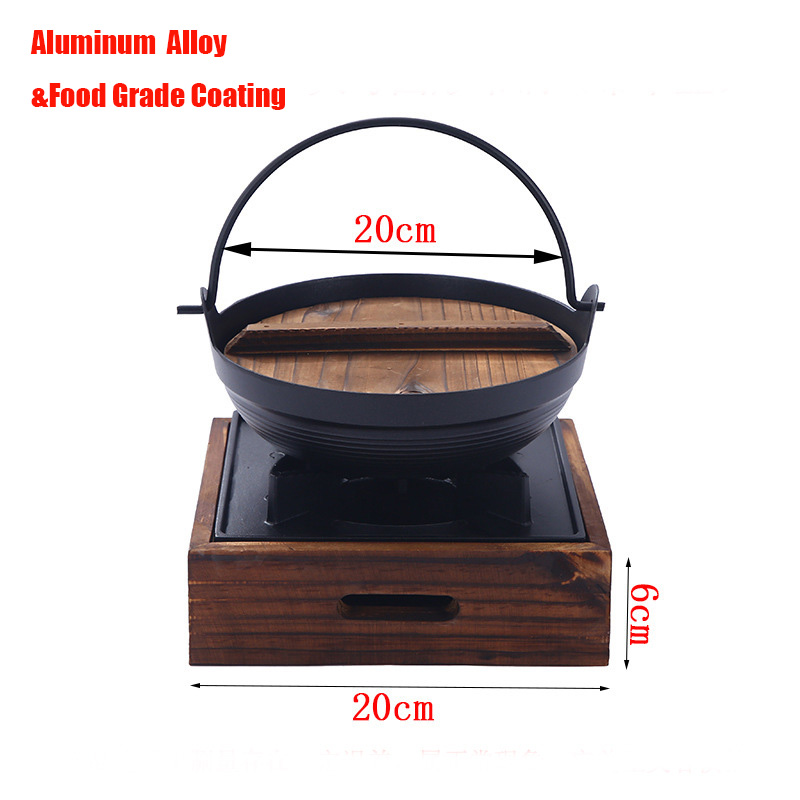 Olla japonesa Sukiyaki de hierro fundido, Wok con tapa de madera, japonés, olla , estufa colgante, herramienta de cocina para el hogar y restaurante: Aluminum A