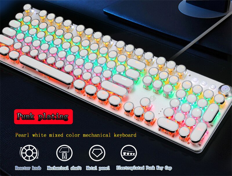 Electroplating Gaming Mechanical Keyboard Retro Punk Knob Plug-in Blue Axis Round Keycaps Backlit Keyboard For Computer Gamer: XJP004White104Key