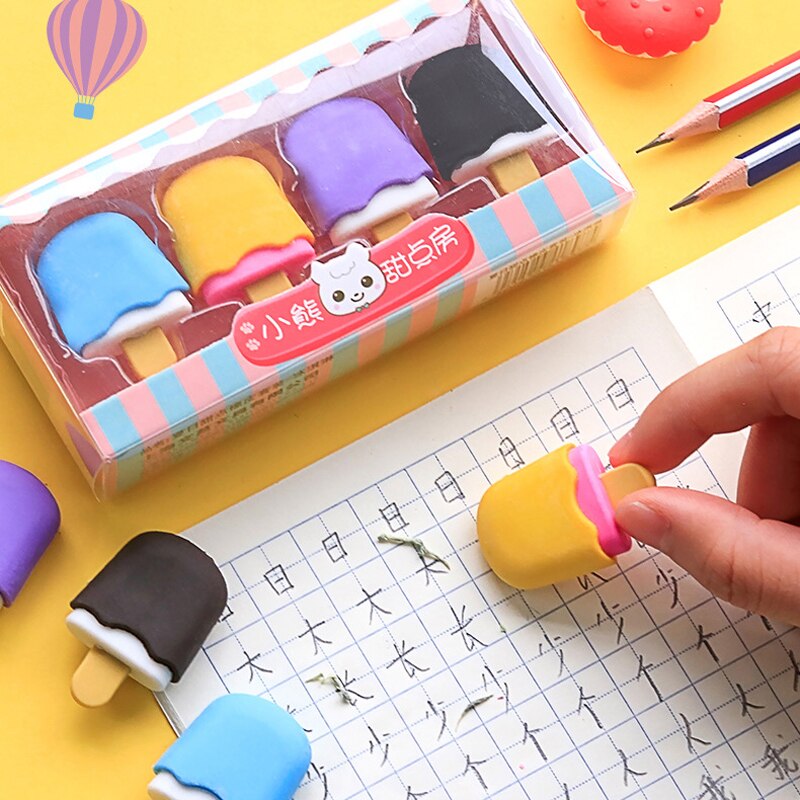 4 unids/pack lindo postre borrador conjunto encantador Lollipop helado Donuts de goma borrador de lápiz para los niños la fuente de la escuela