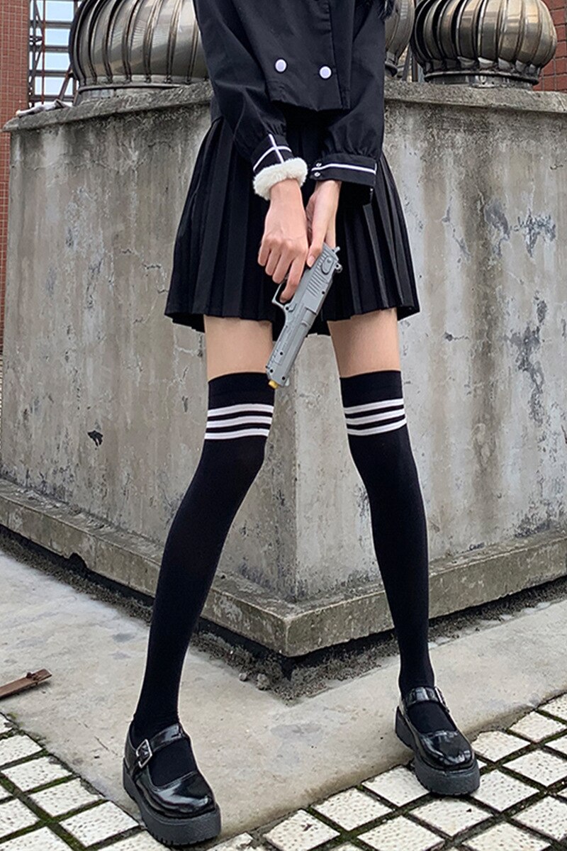 Japanese Velvet Long Socks Over The Knee Striped Socks Stockings Female Student Jk Uniform Knee Socks Thin White Summer Thin: 1