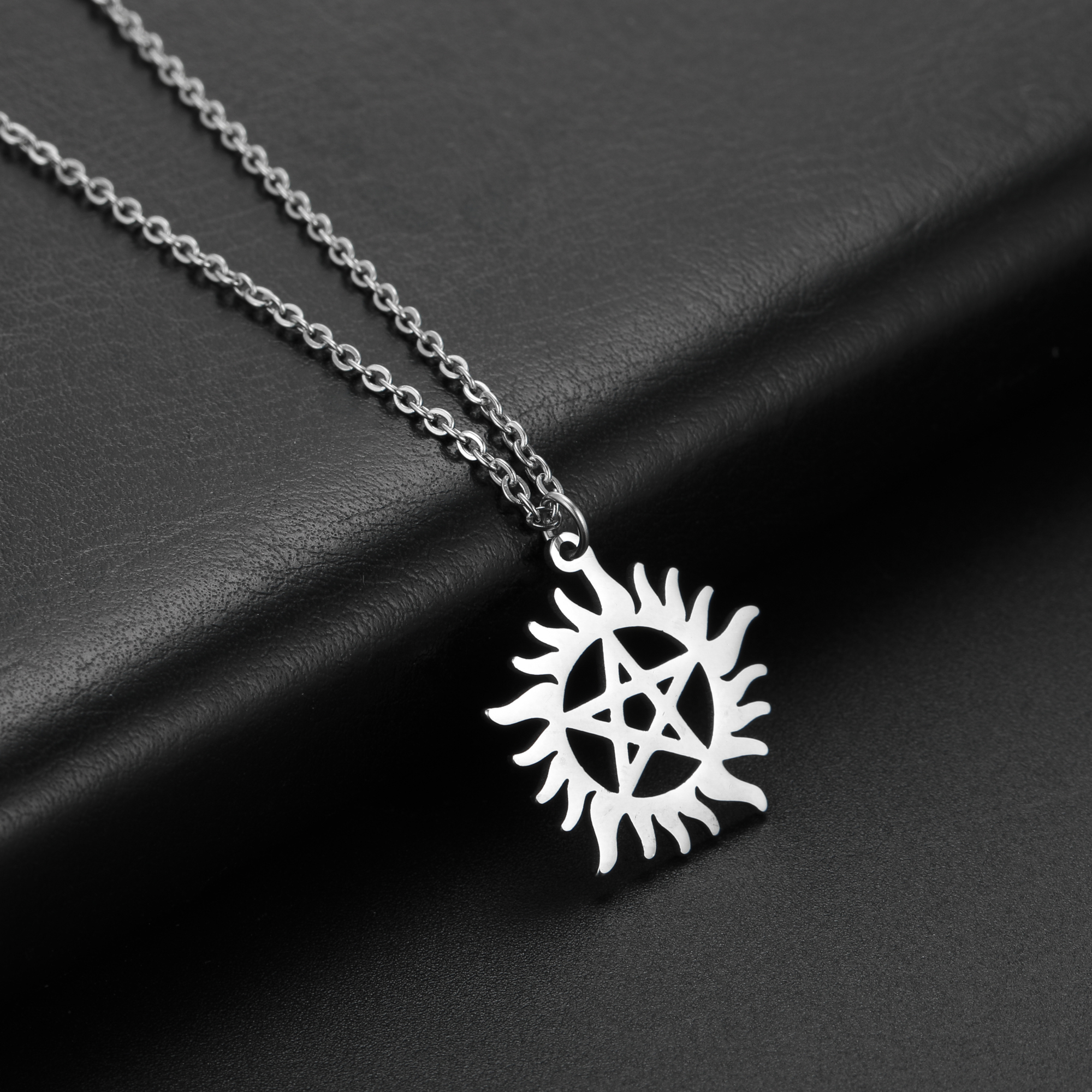 COOLTIME Supernatural Sun Pentagram Pendant Necklace for Women Men Stainless Steel Hollow Star Box Chain Necklaces Couple