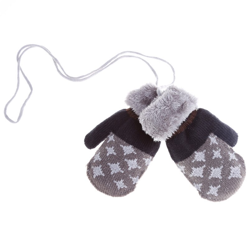 Inverno Del Bambino Guanti Completa Fingers Delle Ragazze Dei Ragazzi Guanto di Lavoro A Maglia Star Modello Guanti Caldi Neonati Guanti Con La Corda: Dark grey