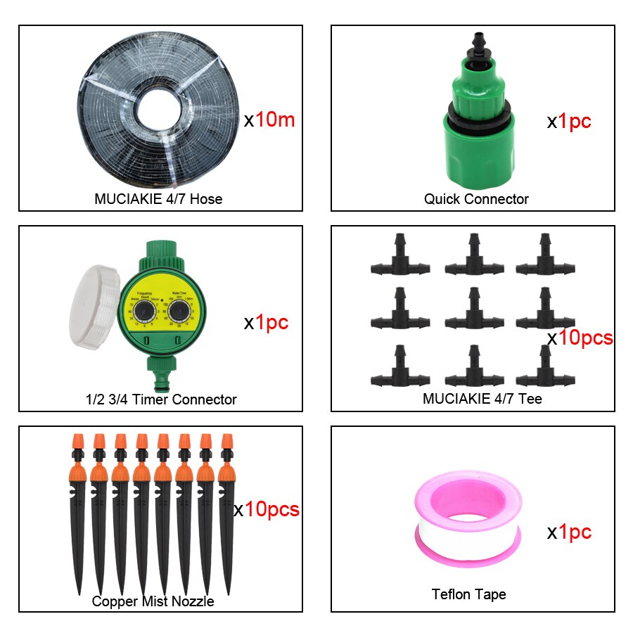 Muciakie 30m 8/11mm 4/7mm slang micro water irrigatiesysteem tuin timer spray zelf water gevende kits met verstelbare druppelaar: 10m 4 l 7 kit