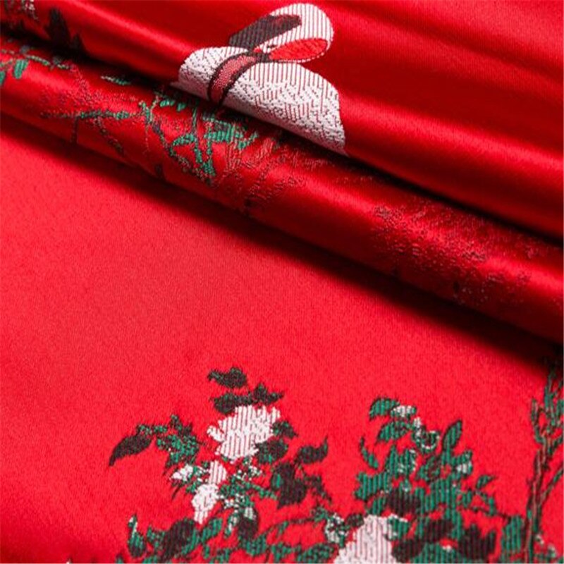 75X100 Cm Rood-Kraanvogel Geluk Betekenis Jacquard Patroon Brocade Polyester Stof Voor Kimono