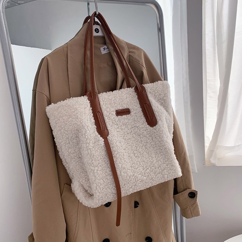 Sacs à main en fausse fourrure pour femmes, grand sac à bandoulière de luxe, fourre-tout pour dames, hiver: WHITE