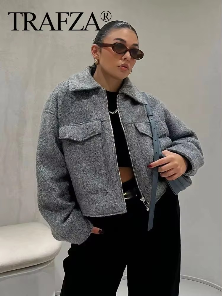 TRAFZA Jacke Für Frauen Herbst Solide Langarm Revers Mantel Vorderseite Tasche Reißverschluss Bomber Jacken Weibliche 2024 Streetwear