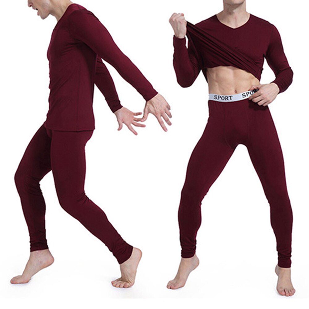 Men's Long Thermal Underwear Set V Neckline Warm Long John Baselayer100% Brand Men's Seamless Warm Suit: Red wine / XL