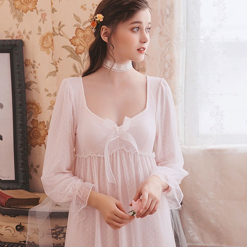 Romantic Nightgown Woman Autumn Lace Long Dress Sleepwear Woman Long Sleeve Nightgowns Night Gown