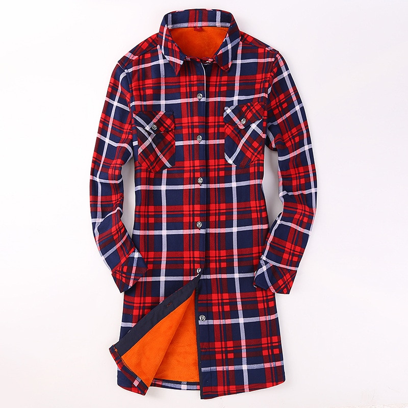 Fløjl tyk varm dame #39 ;s lang plaid skjorte dame toppe med fulde ærmer m-xxxl vinter ternet bluse blusas femininas chemise efterår