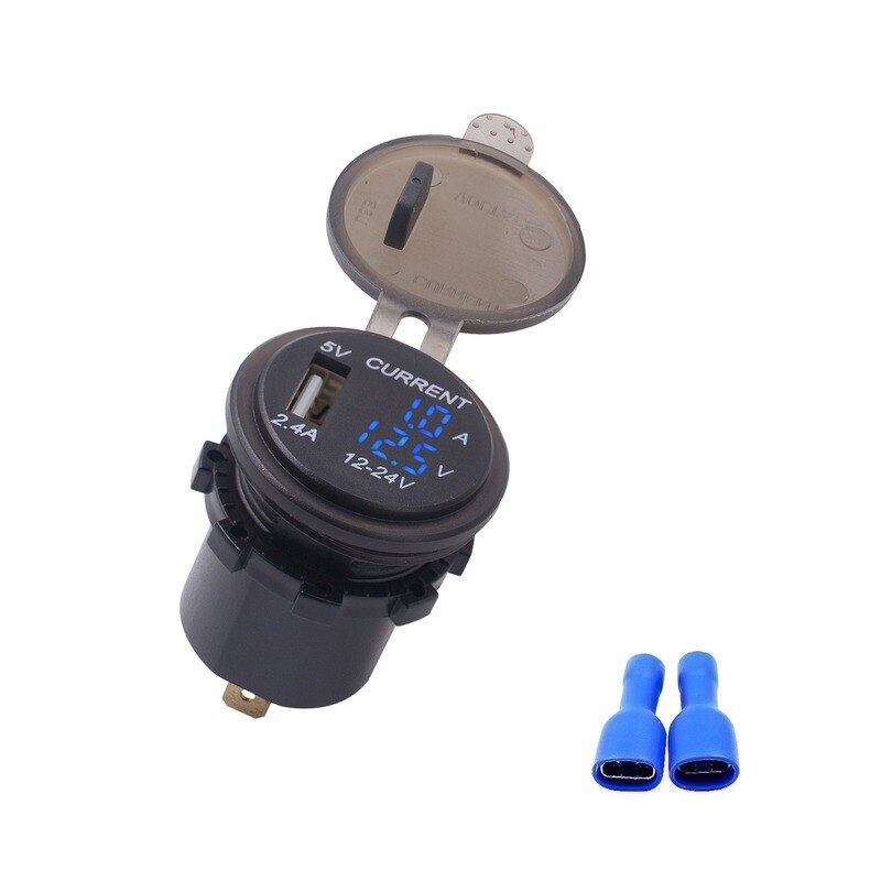 12-24V Car Charger USB Charger Socket Adapter LED Display With Dust Cover Power Socket Car Motorcycle with Voltmeter Ammeter: Blue